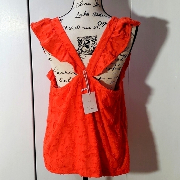 Lauren Conrad - Coral Square neckline Ruffle trim Tank top Criss cross Sz.XL - Picture 2 of 3